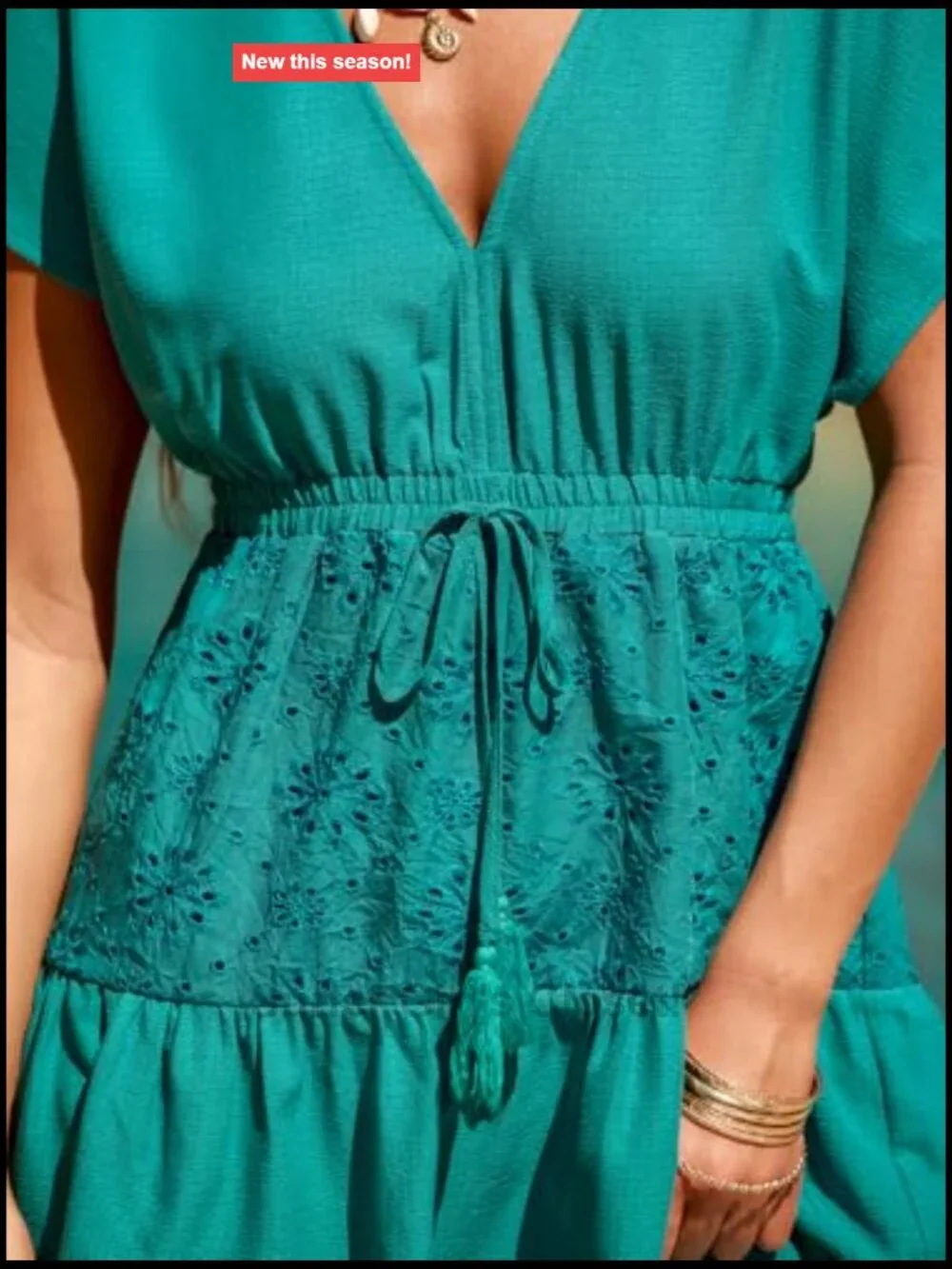 V-Neck Mini Dress with Lace Embroidery and Elastic Waist